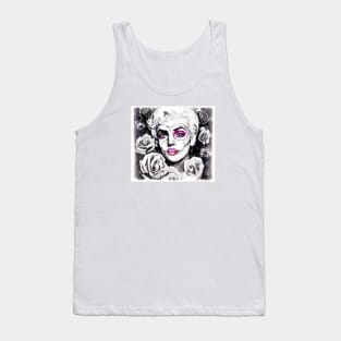 Retro sugar skull blonde with roses black and white Tank Top